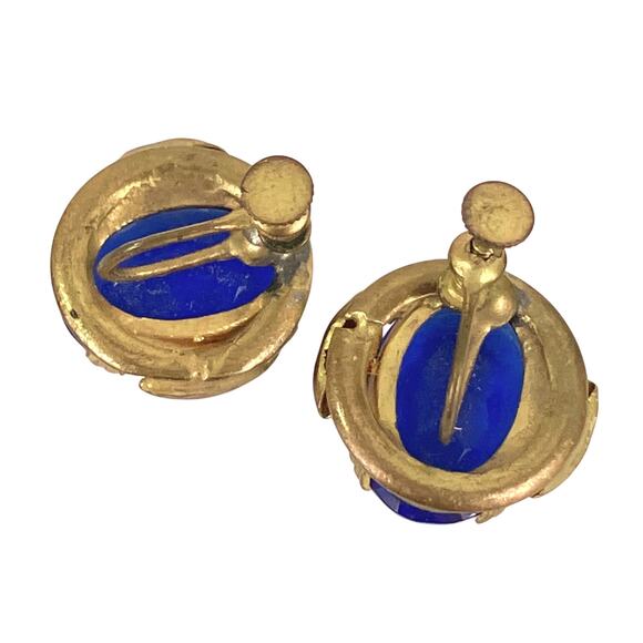 VTG 40s 50s Mid Century Gold Tone Screw Back Earrings Cobalt Blue Glass - Picture 10 of 16